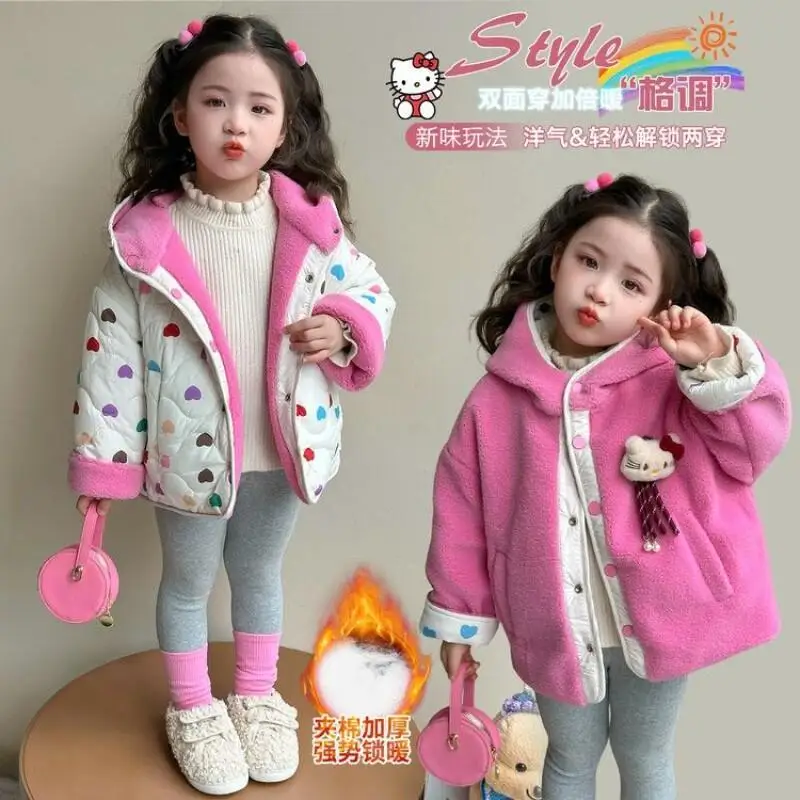 

Топы Sanrio Hello Kitty, детское двустороннее пальто на осень и зиму 2022, новый стиль, стильное плотное хлопковое пальто для девочек, детское