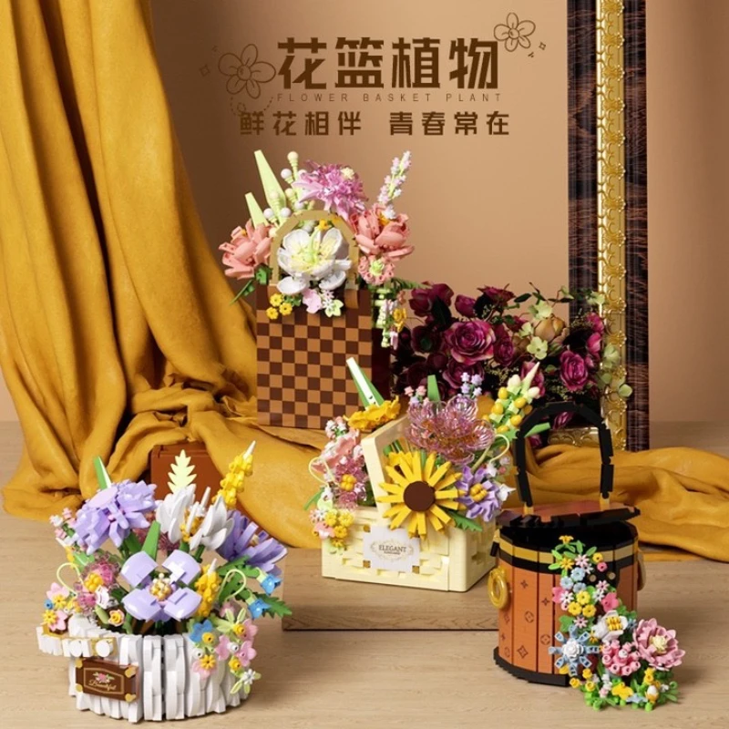 Flower Succulents Building Blocks Bouquet Bonsai Tree Gardens Romantic Bricks DIY Potted Plants Model Kids Kits Toys For Kids