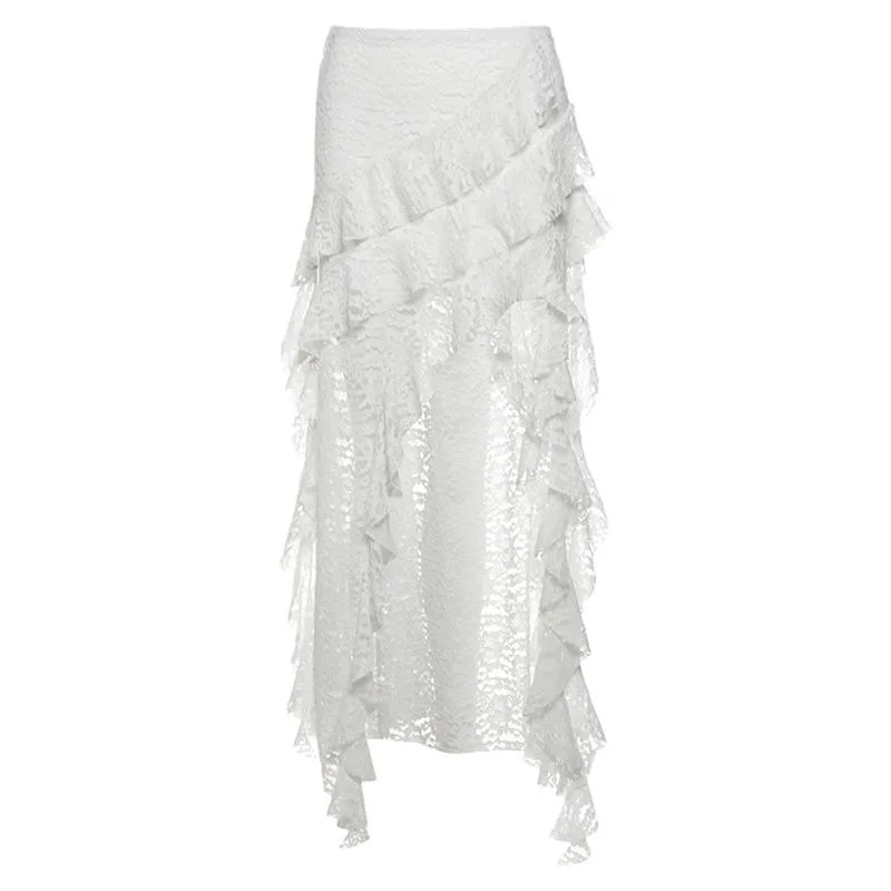 Women Skirt Ruffle Asymmetrial Mesh Elegant Low Waist Min Skirt Summer Spring Korean Fashion  Lace Patchwork Bottoms Clothing