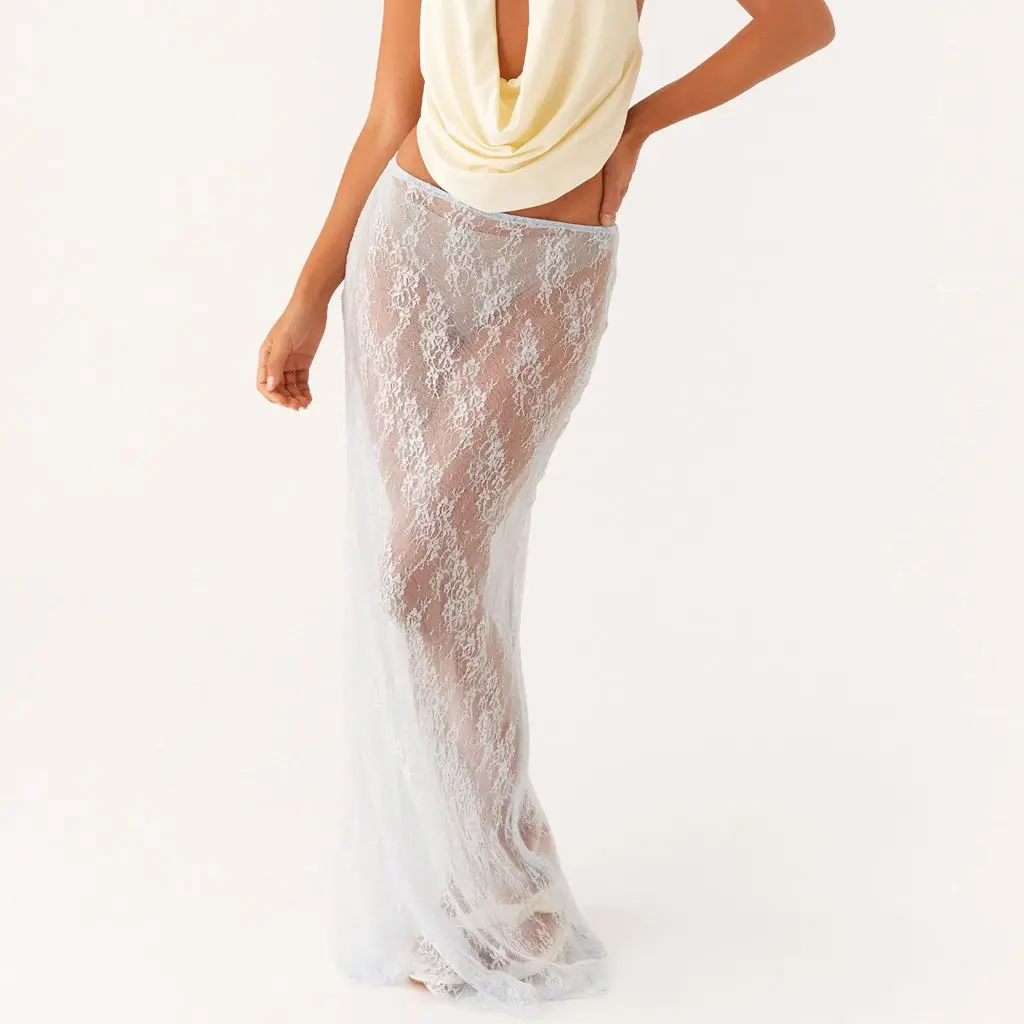 

Womens Summer Y2K Chic Floral Lace See-through Elegant Elastic Low Waist Solid Color Sheer Long Skirts Club Partywear