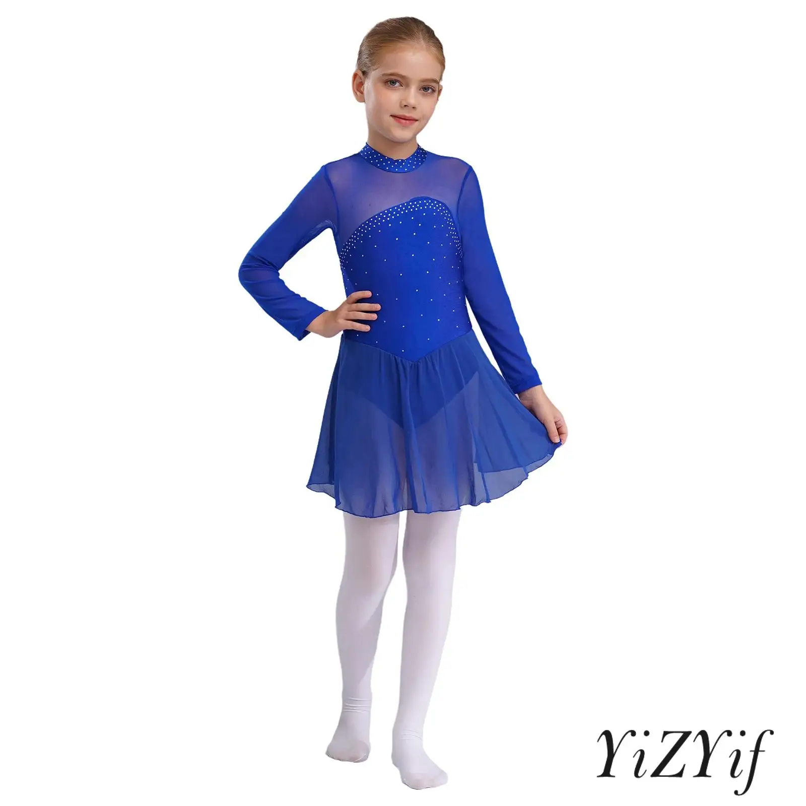 

‌Girls Rhinestone Mesh Sleeve Dance Leotard Elegant Chiffon Skirt Figure Skating Dress for Ice Roller Skating Ballet Competition