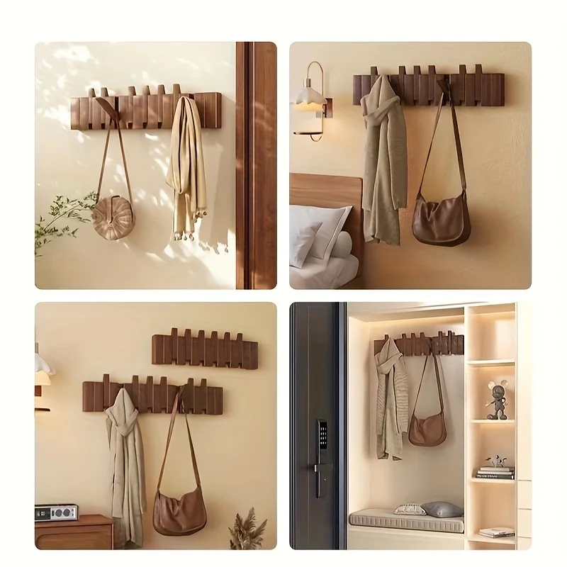 1pc  Wall-Mounted Wood Coat Rack with 10 Folding Hooks Space-Saving Hanger for BedroomTowel Hooks with Wall Mount