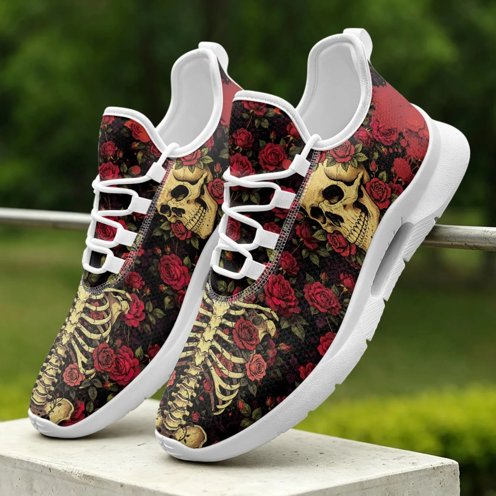 XIXIRIMIDO Lace-up Casual Shoes Mens Sneakers Comfortable Mesh Breathable Walking Shoe Women's Lightweight Sneaker Rose Skull