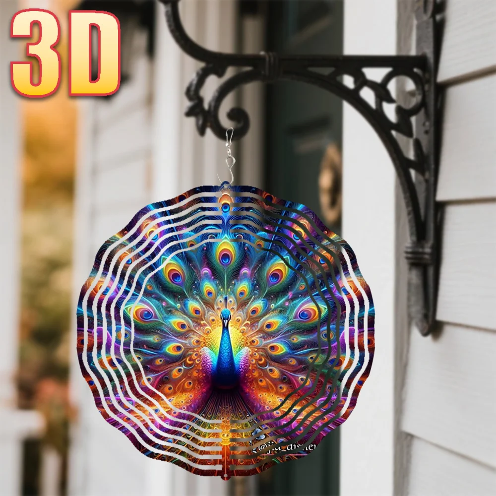 3D 1pc Colorful Peacock Feathers in Vibrant Hues And Patterns  with Rotating Hook, 360° Creative Wind Spinner Chime Combination