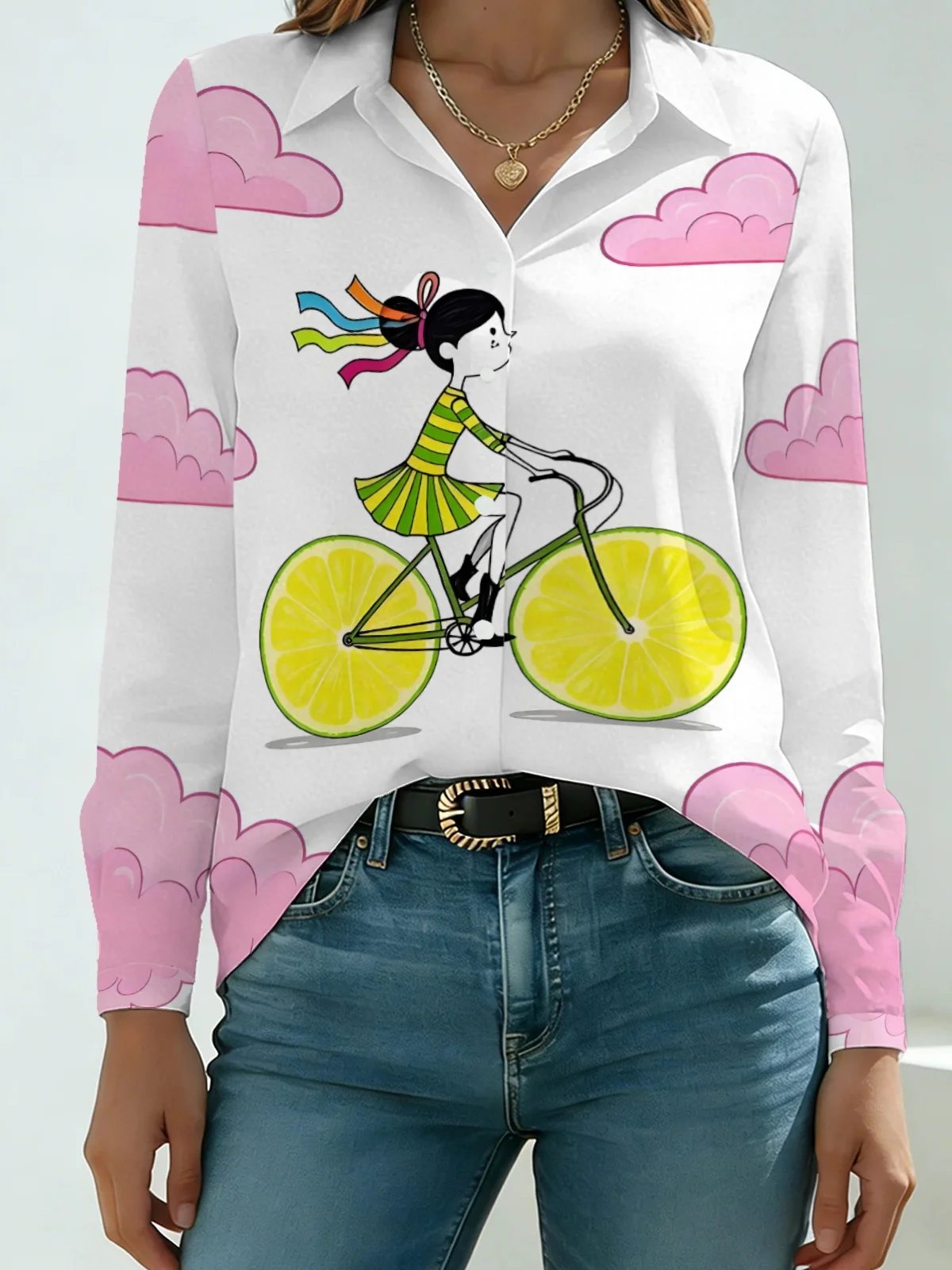 Playful Cartoon Cloud Graphic Womens Collared Shirt All Over Girl Riding Lemon Bike Print Long Sleeve Holiday Top