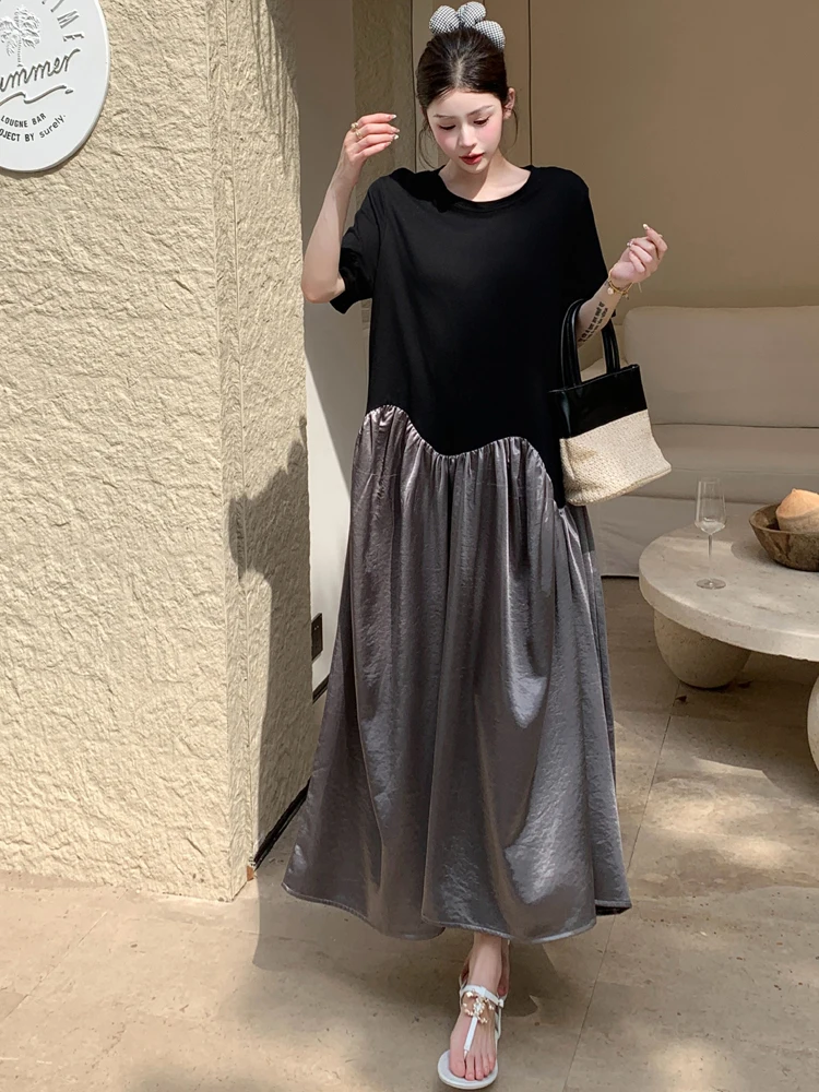 NYFS فستان صيفي 2025 كوريا نمط المرأة فضفاضة حجم كبير كم قصير المرقعة الدهون ملم فستان طويل رداء Elbise