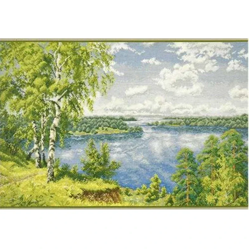 Amishop Top Quality Beautiful Lovely Counted Cross Stitch Kit On The River Oven Forest Lake Birch Tree Trees