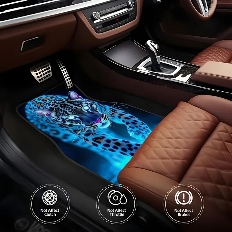 4pcs Polyester Fiber Universal Car Floor Mats Featuring A Blue Leopard Design with An Animal Theme, Non-Slip Carpets