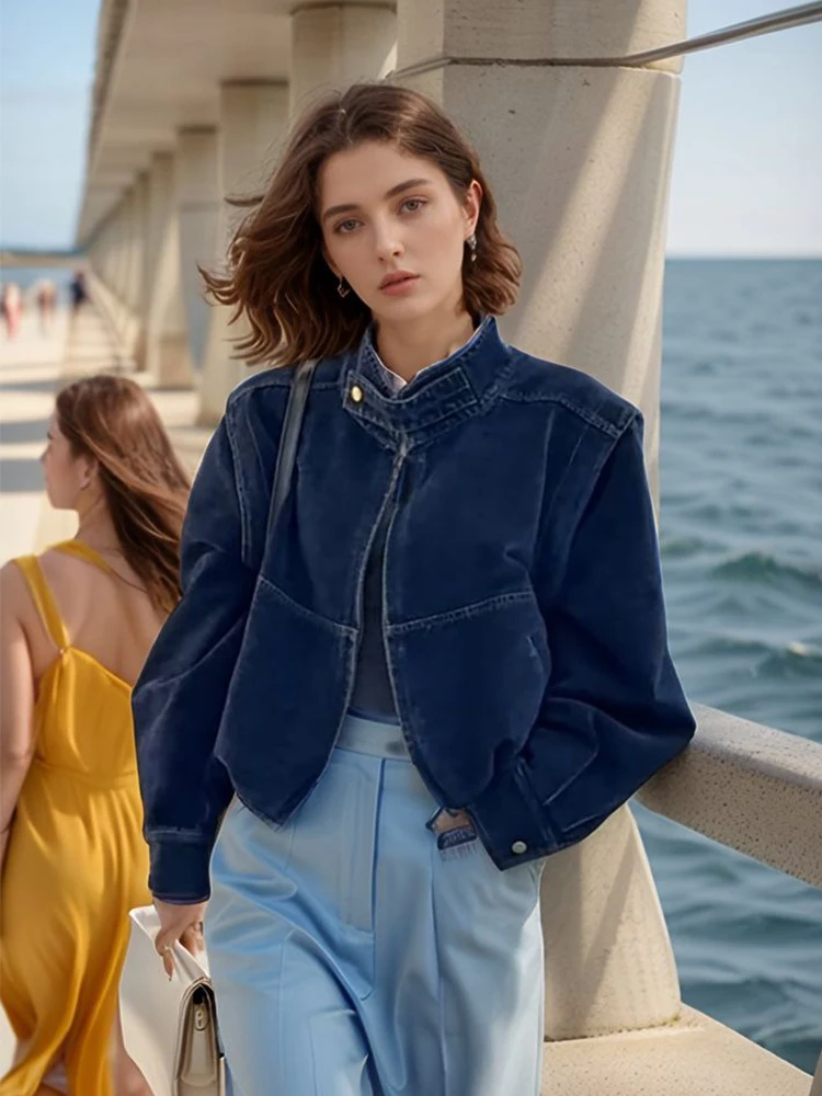 

Denim Coats Unisex Womens Summer Lightweight Patchwork Minimalist Balloon Sleeved Three-Quarter Knitted Outwears Matching Sashes