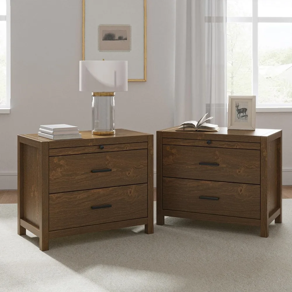 Nightstand with Drawers Set of 2, Wooden Nightstand Side Table with Storage and 1 Pull-out Tray for Bedroom, Walnut