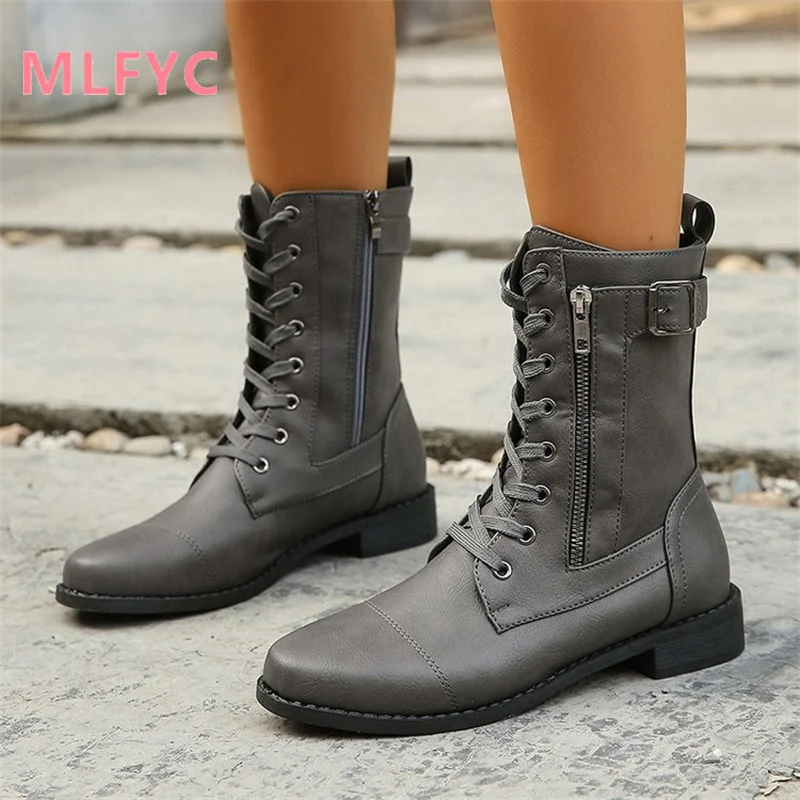 Frauen europäischen Amerikaner neue Stiefel weiblichen Außenhandel runden Kopf quadratischen Absatz Schnürung Damen Stiefel Mode Retro Mujer Stiefel