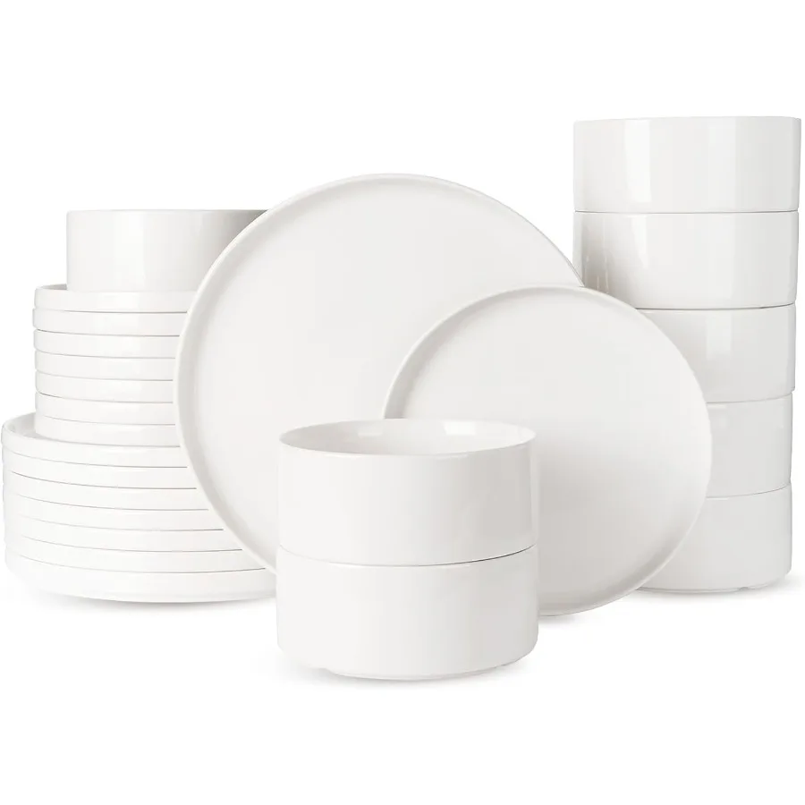 Modern Porcelain Dinnerware Set 24Piece with Plates and Bowls for 8 People Microwave and Dishwasher Safe White Tableware Set fo