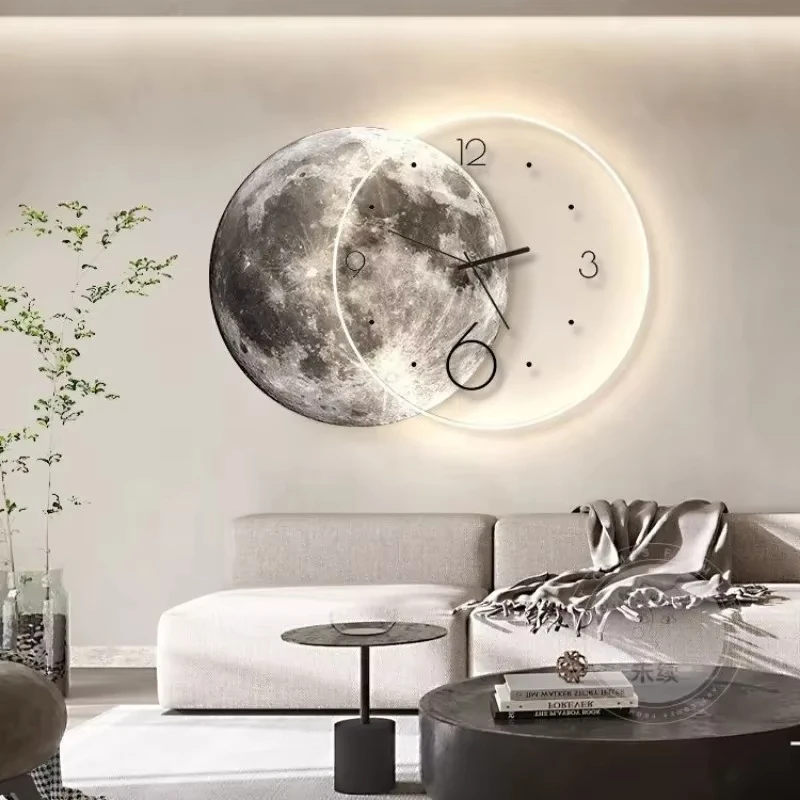 Modern Living Room Decoration Painting Moon Wall Clock Home Decor LED Lights Mural Wall Clock Premium Wall Art for The Backdrop