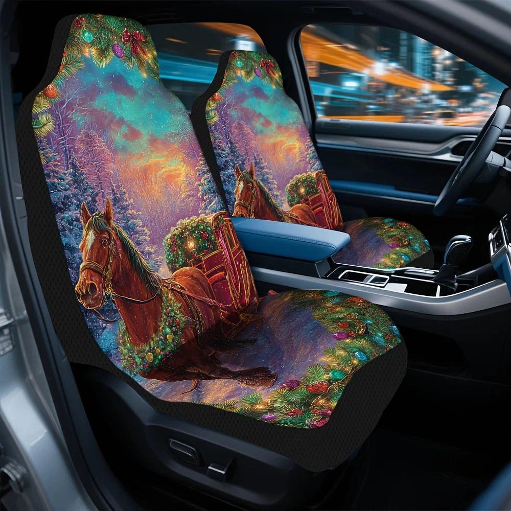 Set Of 2 Christmas-Themed Horse Sleigh Scene Car Covers – Universal Front Protectors Suitable For Cars, Suvs, And Sedans, Featur