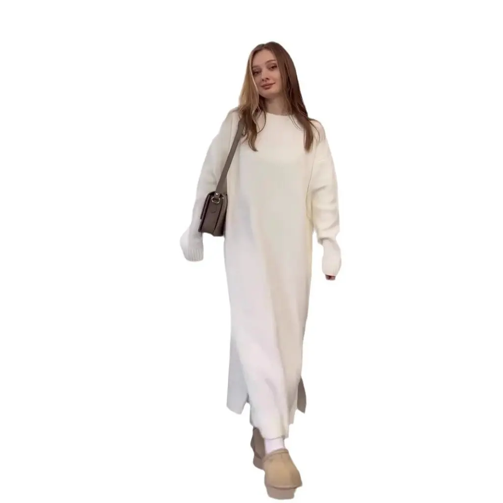 

Korean Fashion Temperament Knitted Pullover round Neck Long Dress Women's Autumn Winter Loose Fit Casual Style