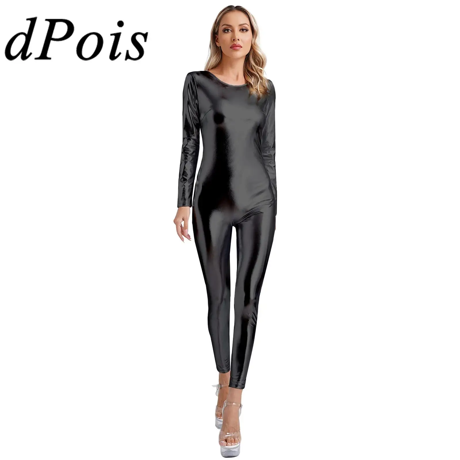 

Women's Metallic Jumpsuit Shiny Unitard Dancewear Long Sleeve Slim Fit Full Body Bodysuit Gymnastics Clubwear Festival Costumes