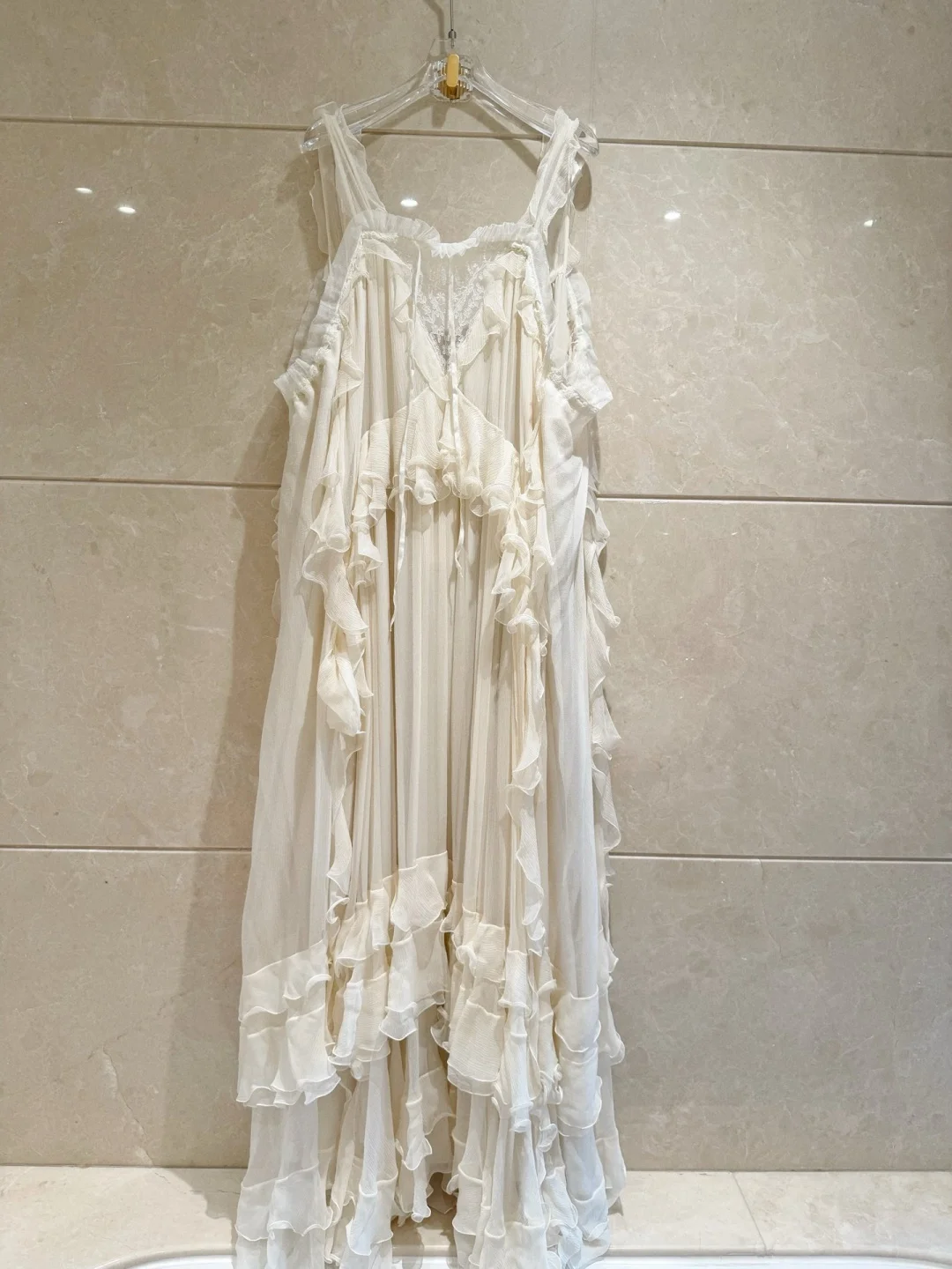 Women 100% Silk Maxi Dress Spaghetti Strap Lace Ruffled Tiered Flowy Long Wedding Guest Dress