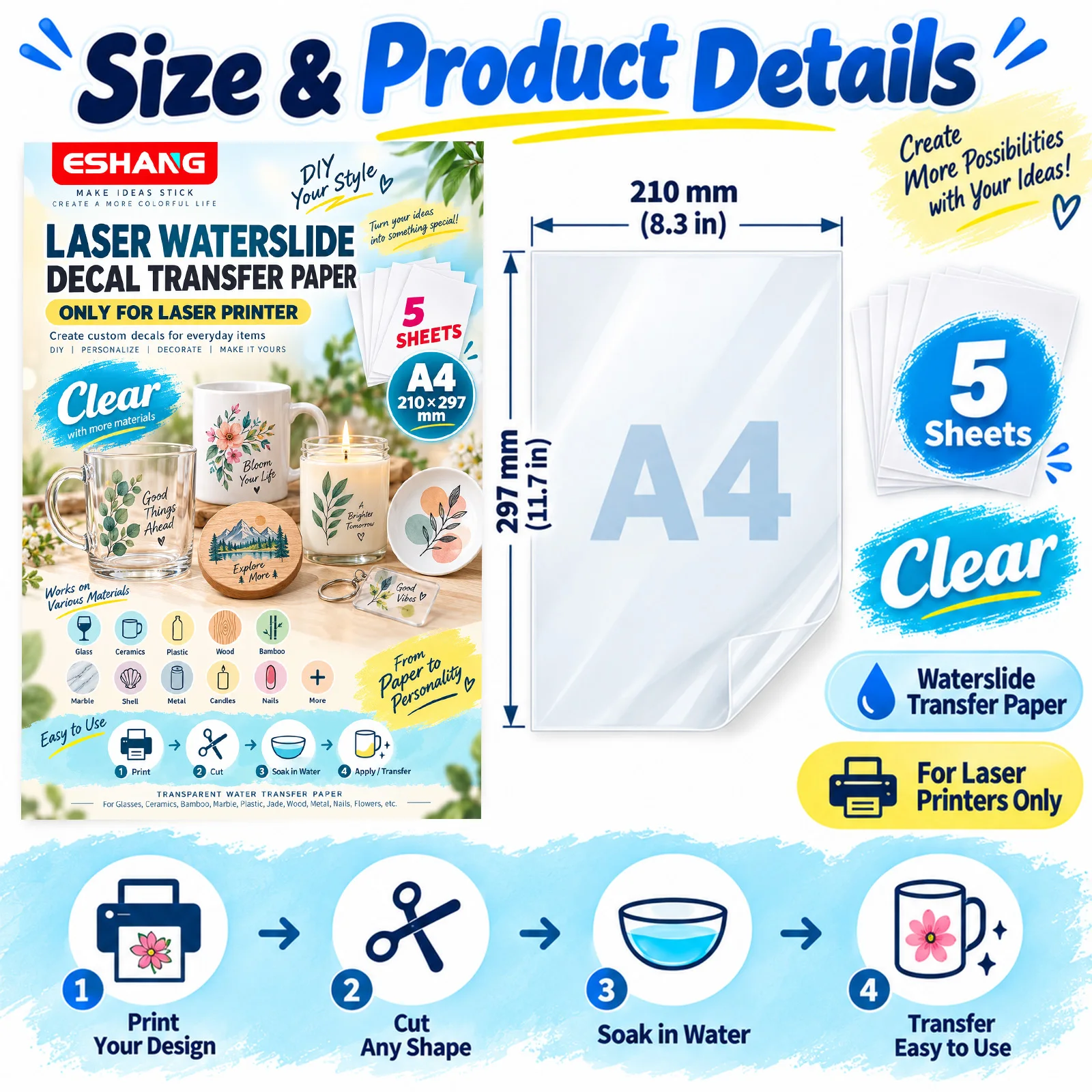 ESHANG A4 Clear laser Waterslide Decal Paper, 5 Sheets, DIY Transfer Paper for Mugs, Glass, Halloween Christmas Crafts