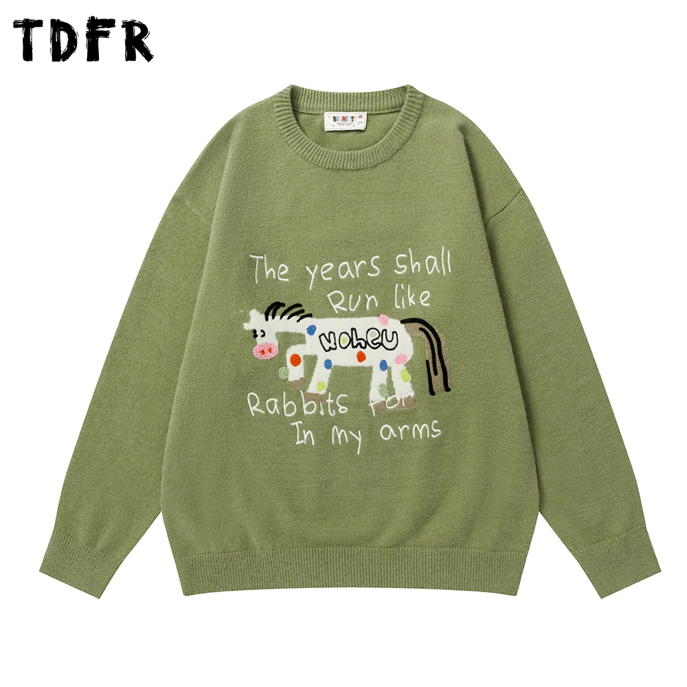

Cartoon Jacquard Sweater Mens Letter Embroidery Autumn Winter Retro Casual Crew Neck Loose Long Sleeve Knitted Sweater Man