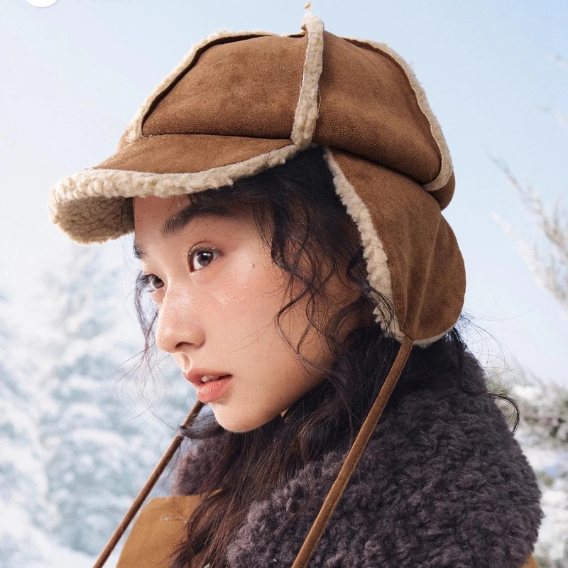 Winter Thickened Plush Splicing Suede Bomber Hat for Men and Women Outdoor Riding Warm Ear Protectors Versatile Straps Pilot Cap