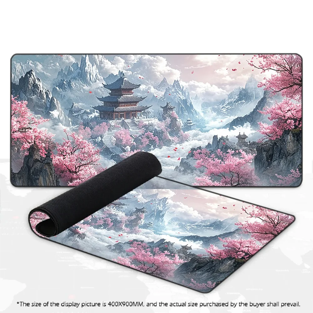 Sakura Mountain Pagoda Printed Desk Pad Extra Large Soft Rubber Mouse Pad Serene Aesthetic Gaming Keyboard Mat Multi-Size