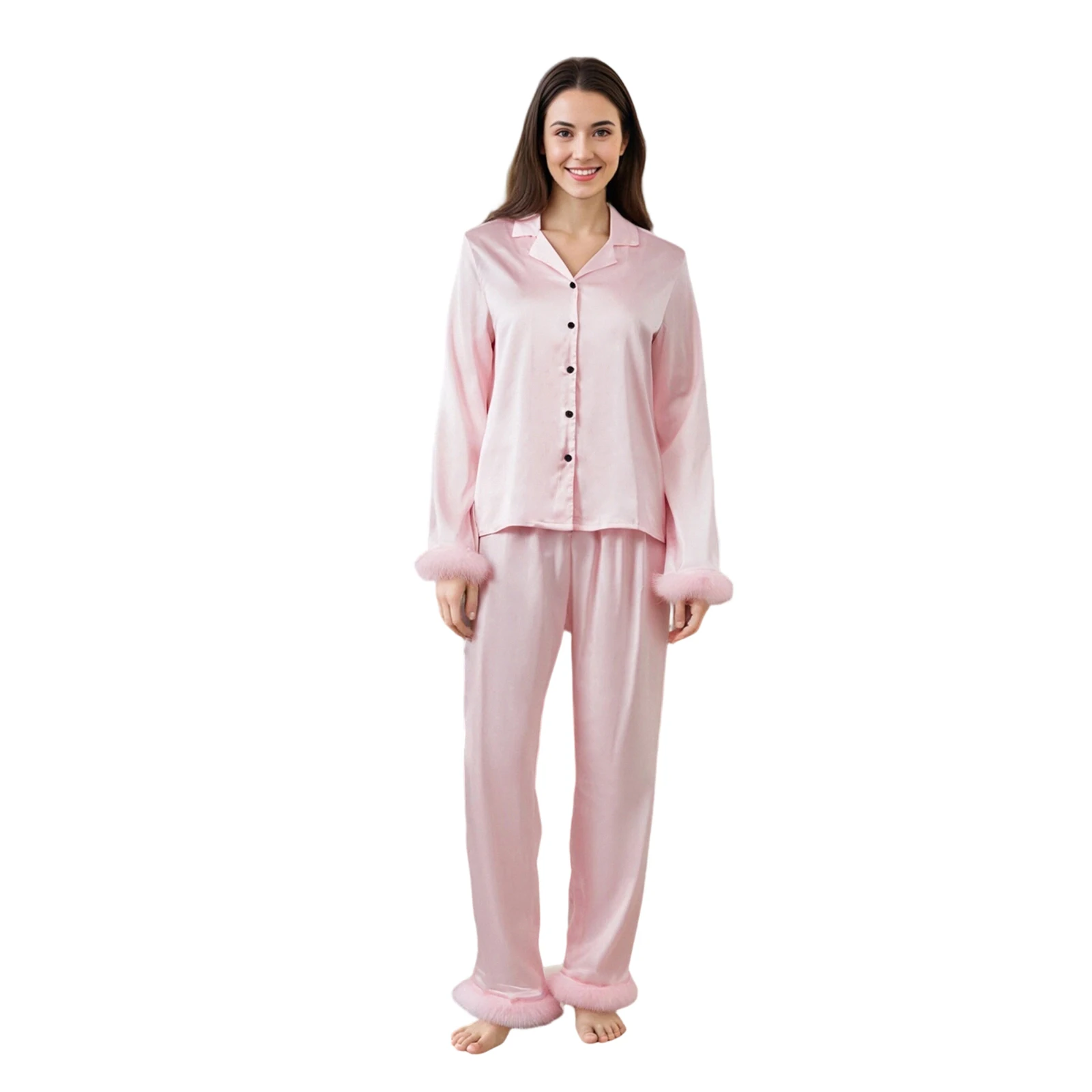 

Women 2 Piece Fall Pajama Set Fuzzy Trim Long Sleeve Button-up Tops and Elastic Waist Pants Casual Sleepwear Outfit
