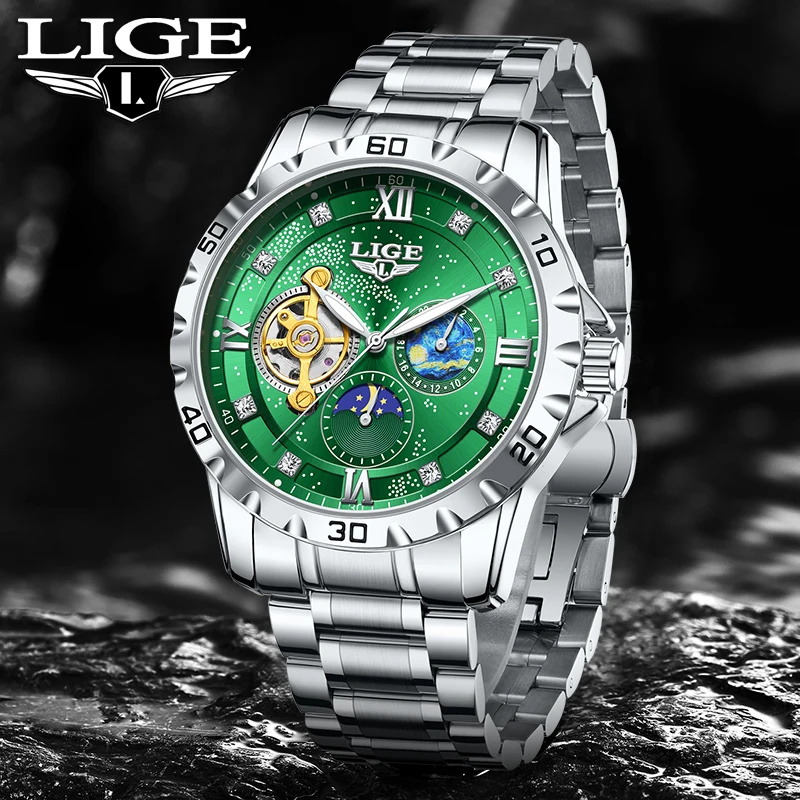 LIGE 2025 Automatic Watches Men Luxury Starlight Mechanical Mens Watch 30M Waterproof Luminous Fashion Wristwatches Reloj Hombre
