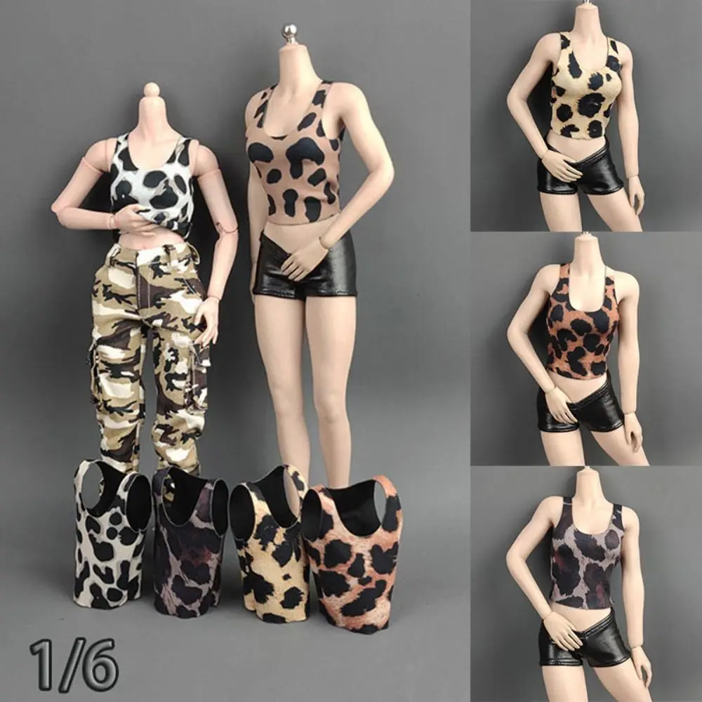 6 Colors 1/6 Miniature Vest Leopard Print High Elastic Female Soldier Vest Cloth Round Neck T-shirt 12