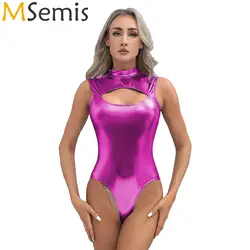 Women's Swimsuit Metallic Cutout Front Bodysuit Mock Neck Sleeveless Catsuit Invisible Zipper Back Leotard Pool Party Swimwear
