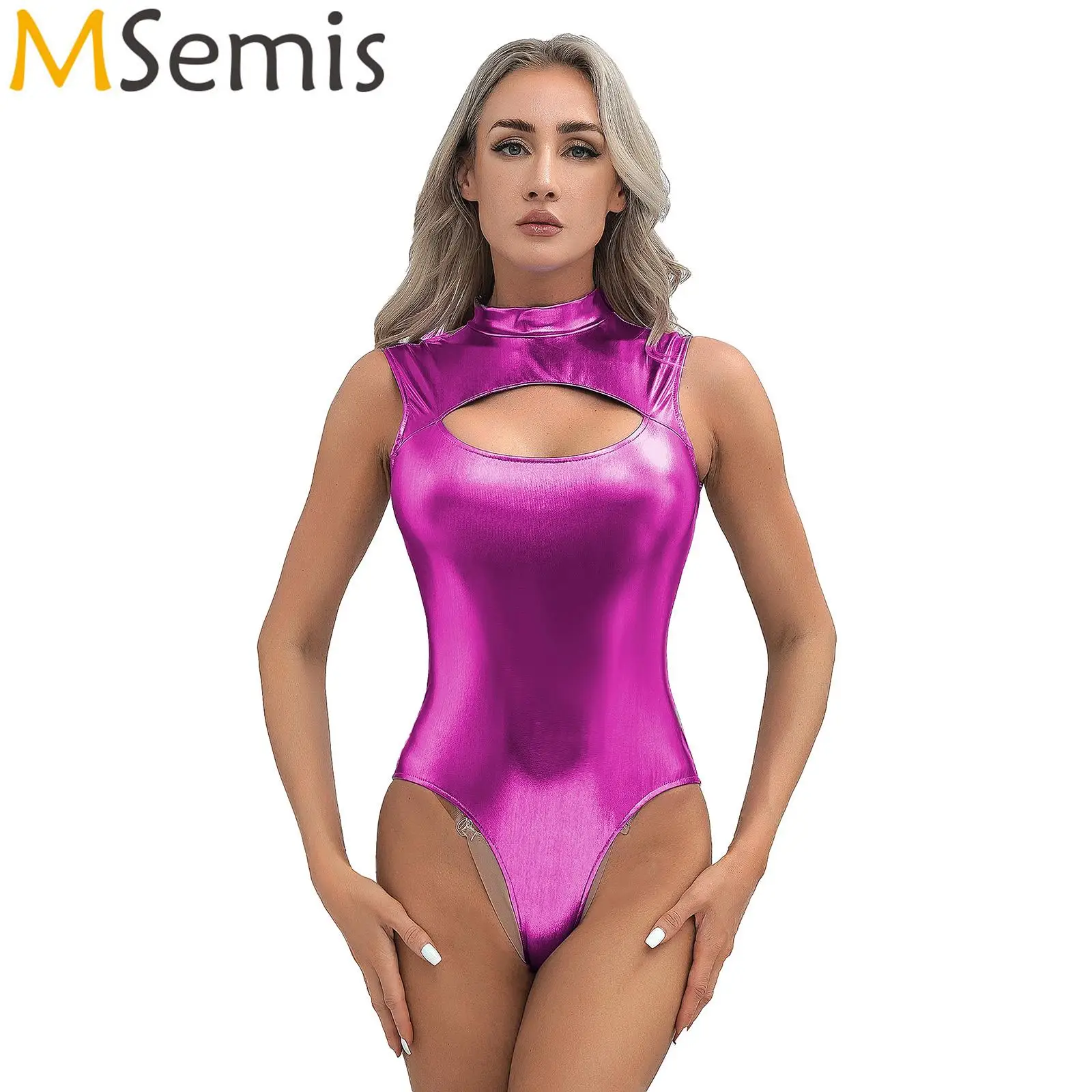 Women's Swimsuit Metallic Cutout Front Bodysuit Mock Neck Sleeveless Catsuit Invisible Zipper Back Leotard Pool Party Swimwear