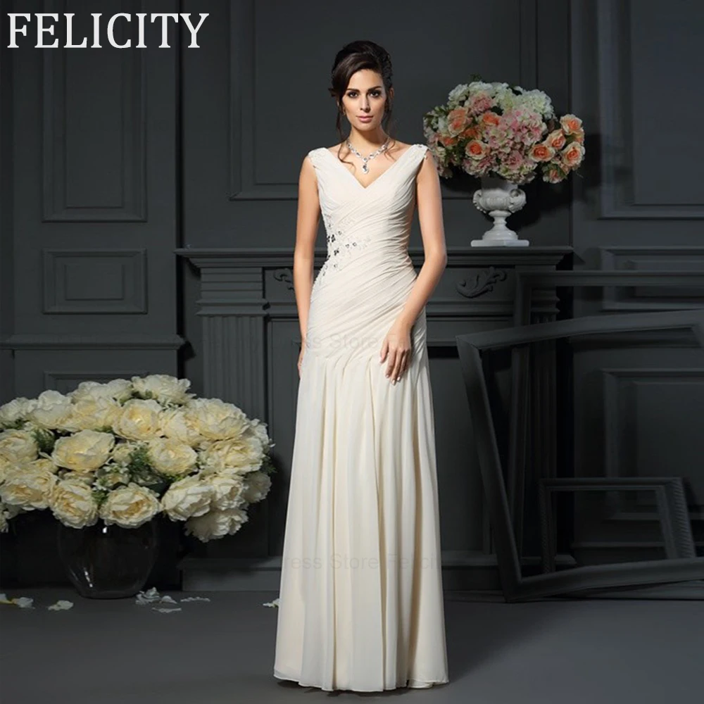 

Sleeveless Mother of the Bride Dress 2024 Sheath V-Neck Wedding Guest Dresses Chiffon Pleated Beading Applique Long Evening Gown