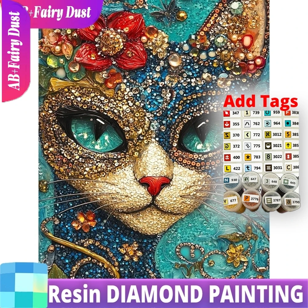 

Набор для алмазной мозаики 5D DIY: Декоративная картина «Кошка и цветы» с эффектом «Сказочная пыль» (AB), полный комплект