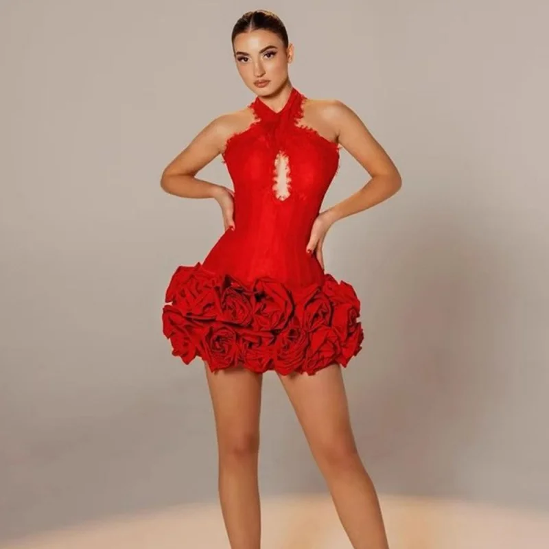 

European and American New Style Sexy Halter Backless Lace Edge Red Floral Tight Party Bandage Mini Dress