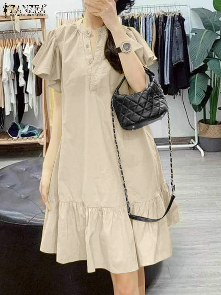 Stilvolle Rüschen Damenkleider 2025, ZANZEA Sommerkleid, Stehkragen, kurze Ärmel, Arbeit, Vestidos, Mode, Urlaub, Sommerkleid, Minikleid