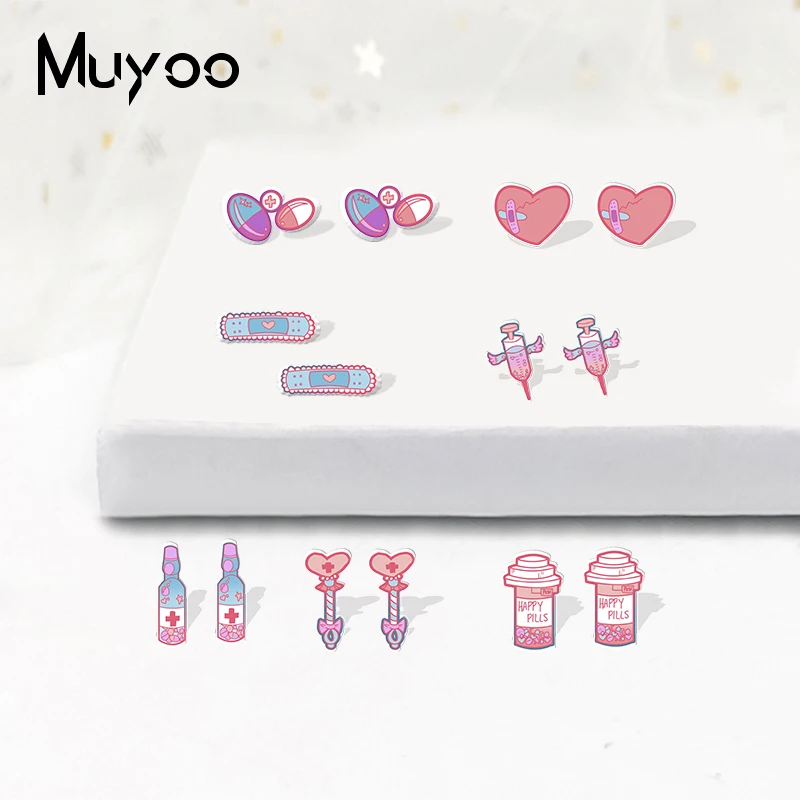 2022 New Arrival Fashion Happy Pills Heart Nursing Graffiti Things Handcraft Cartoon Epoxy Acrylic Stud Earrings