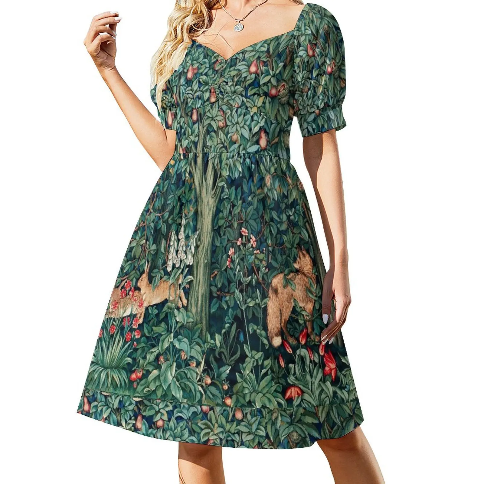 

GREENERY, FOREST ANIMALS Fox and Hares Blue Green Floral Tapestry Short Sleeved Dress party dress women elegant luxury Dress