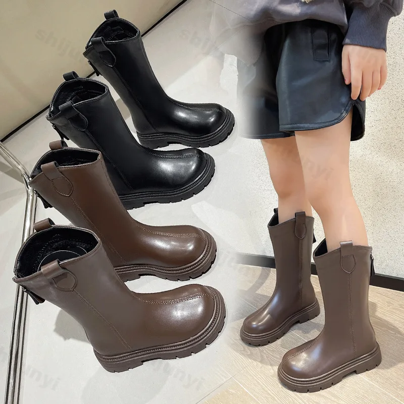 Children Knee Length Boots Winter New 2025 Student Girls Princess Boots Kids Zipper Comfortable Non Slip Solid Color Long Boots