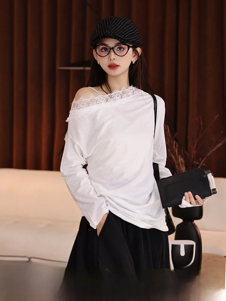 

Chen Jiajie ZhiZhi One-oulder T-irt Women Casual Lace Splice Lazy mat Long Sve oulder Bared Base irt