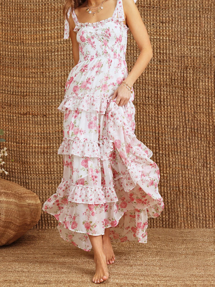 

Summer Stylish Multi-Layered Ruffled Trim Smocked Sleeveless Tie-Shoulder Long A-Line Dress Women's Floral Dress