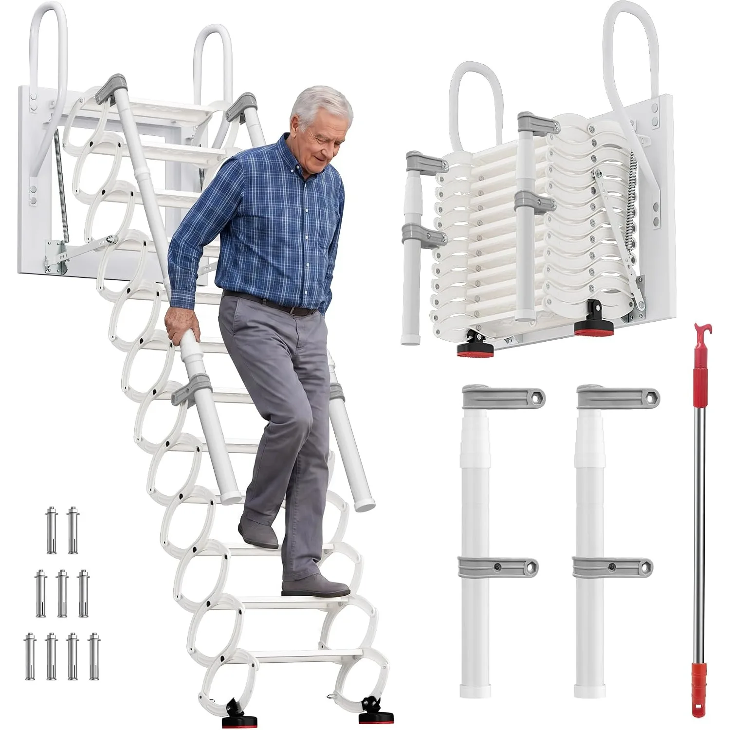 12 Steps Attic Stairs, Wall Mounted Attic Ladder Pull Down System, Heavy Duty Folding Loft Stairs with Handrails,Compact Telescopic Staircase for Attic Closet & Household Regular Storage Use