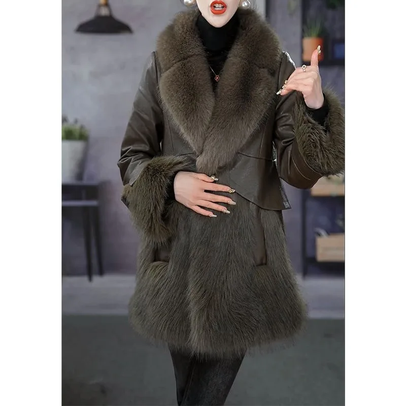 2023 Winter New Women Fur One Fur Down Jacket Slim Overcoat Thick Outwear Padded Warm White Duck Down Jacket