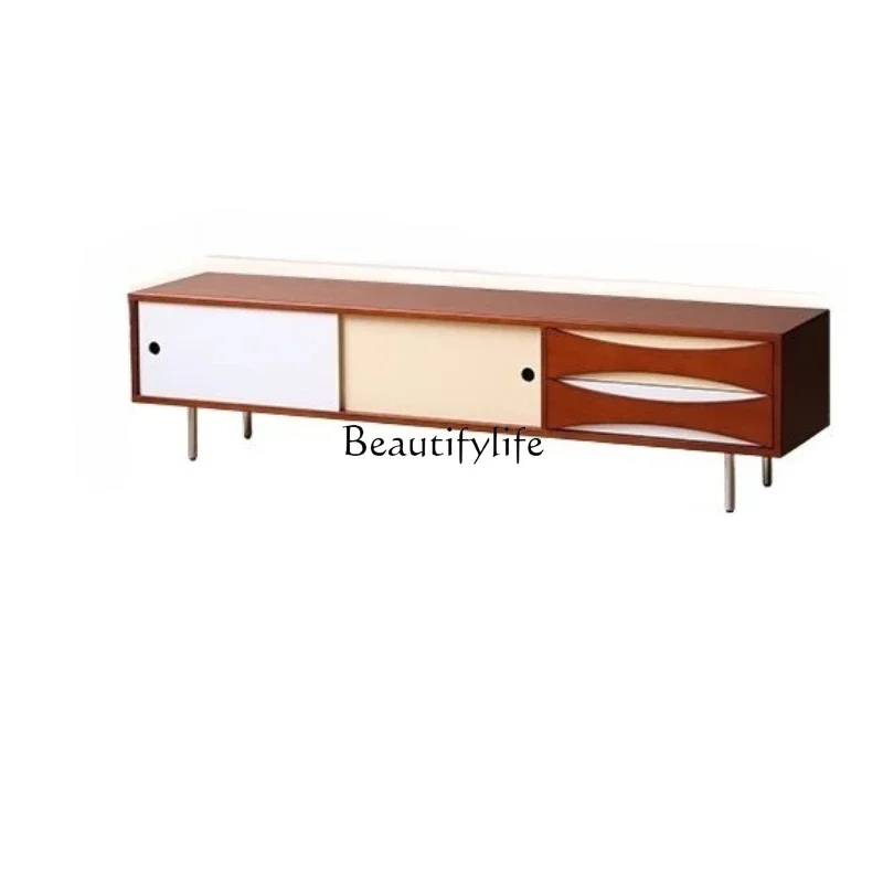 

LMedieval solid wood TV cabinet contrasting color sliding door living room floor modern simple color matching locker