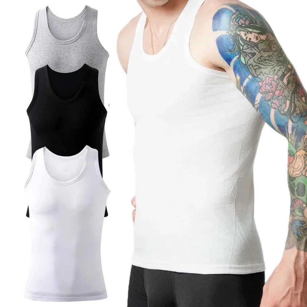 3pcs Men's Tank Top Cotton Tank Undershirts Breathable เสื้อกั๊กชุดชั้นในฤดูร้อนแขนกุด A-เสื้อออกกําลังกายฟิตเนส