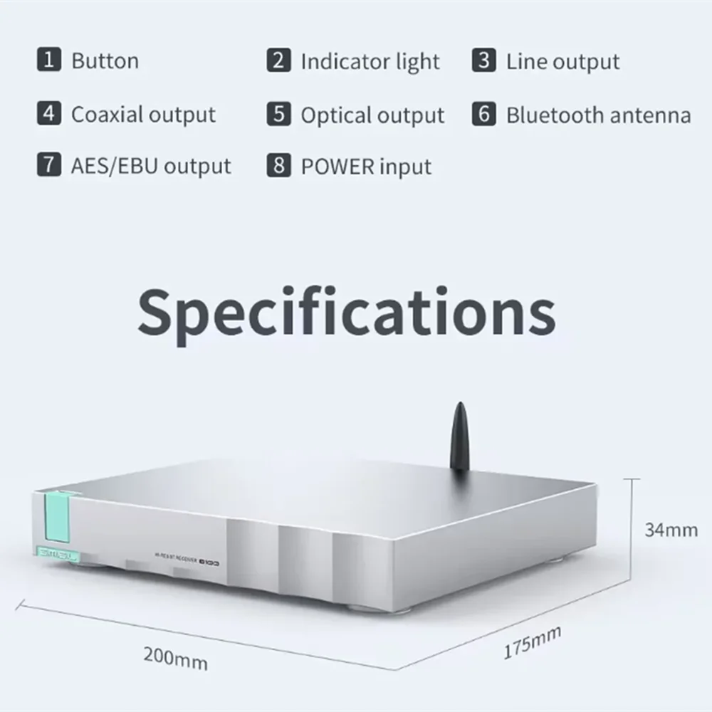 SMSL B100 Hi-res BT Audio Receiver AK4493S BT 5.1 LDAC SBC AAC APTX-HD 24bit 192kHz RCA Coaxial Optical AES EBU
