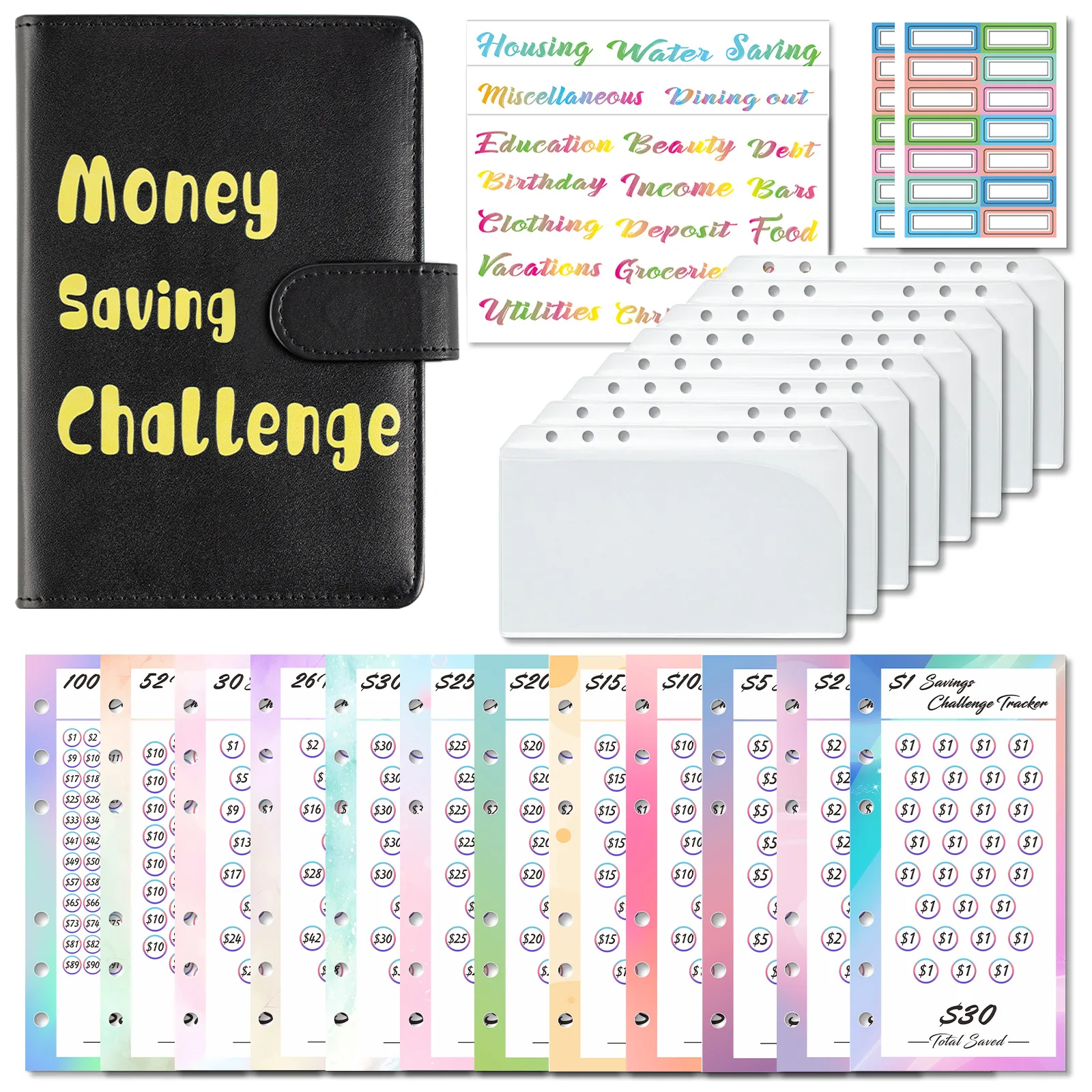 A6 PU Leather Notebook Binder DIY Planner Organizer 8 Zipper Pockets 12Pcs Budget Sheet 2Pcs French Alphabet Stickers