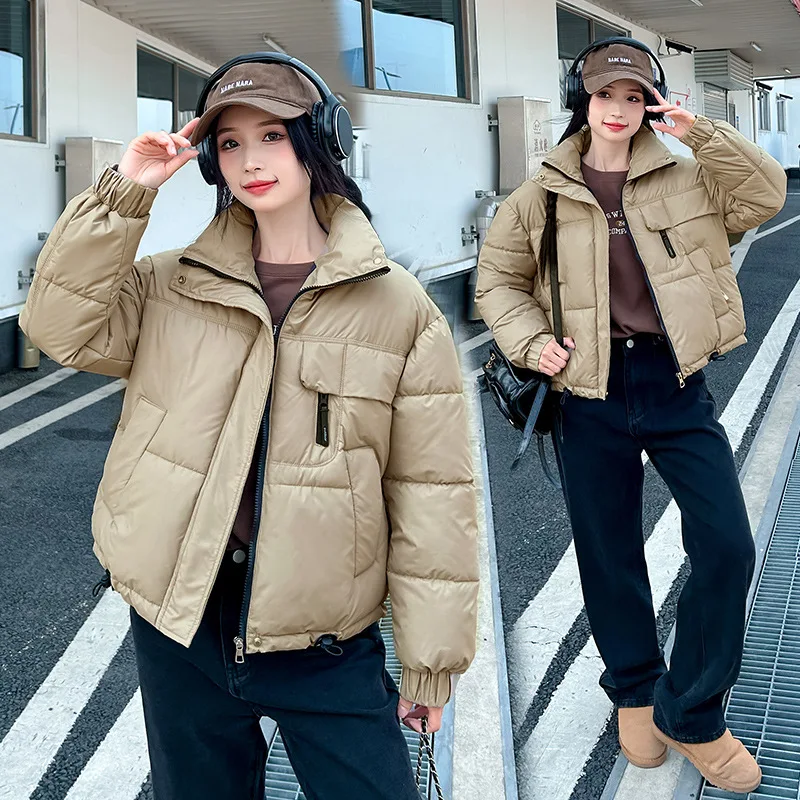 Parkas Coats Women Short Jackets Solid Zipper Pocket Long Sleeves Stand Collar Drawstring Loose Office Lady Casual 2025 Winter