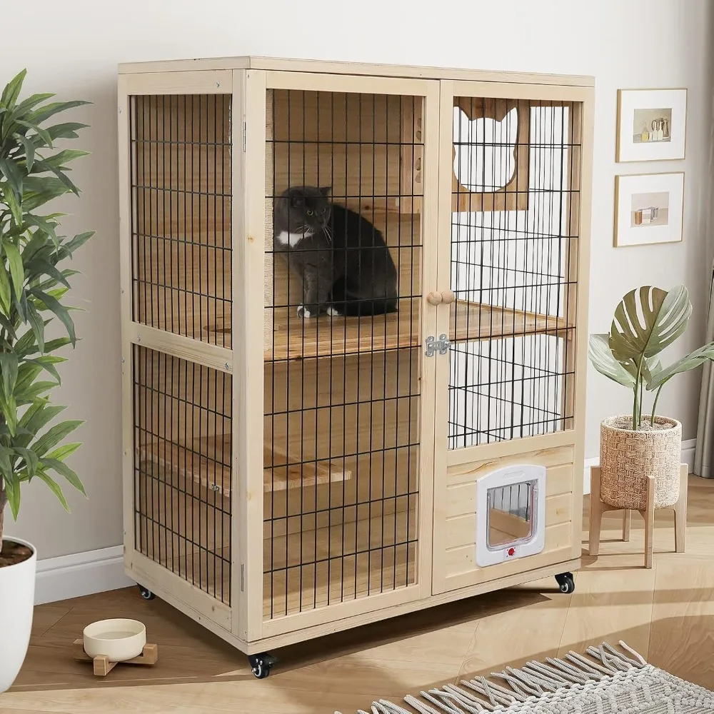 Casa de madera para gatos, jaula de espacio grande cerrada para interiores con poste rascador y ruedas bloqueables, doble capa con puerta de escape