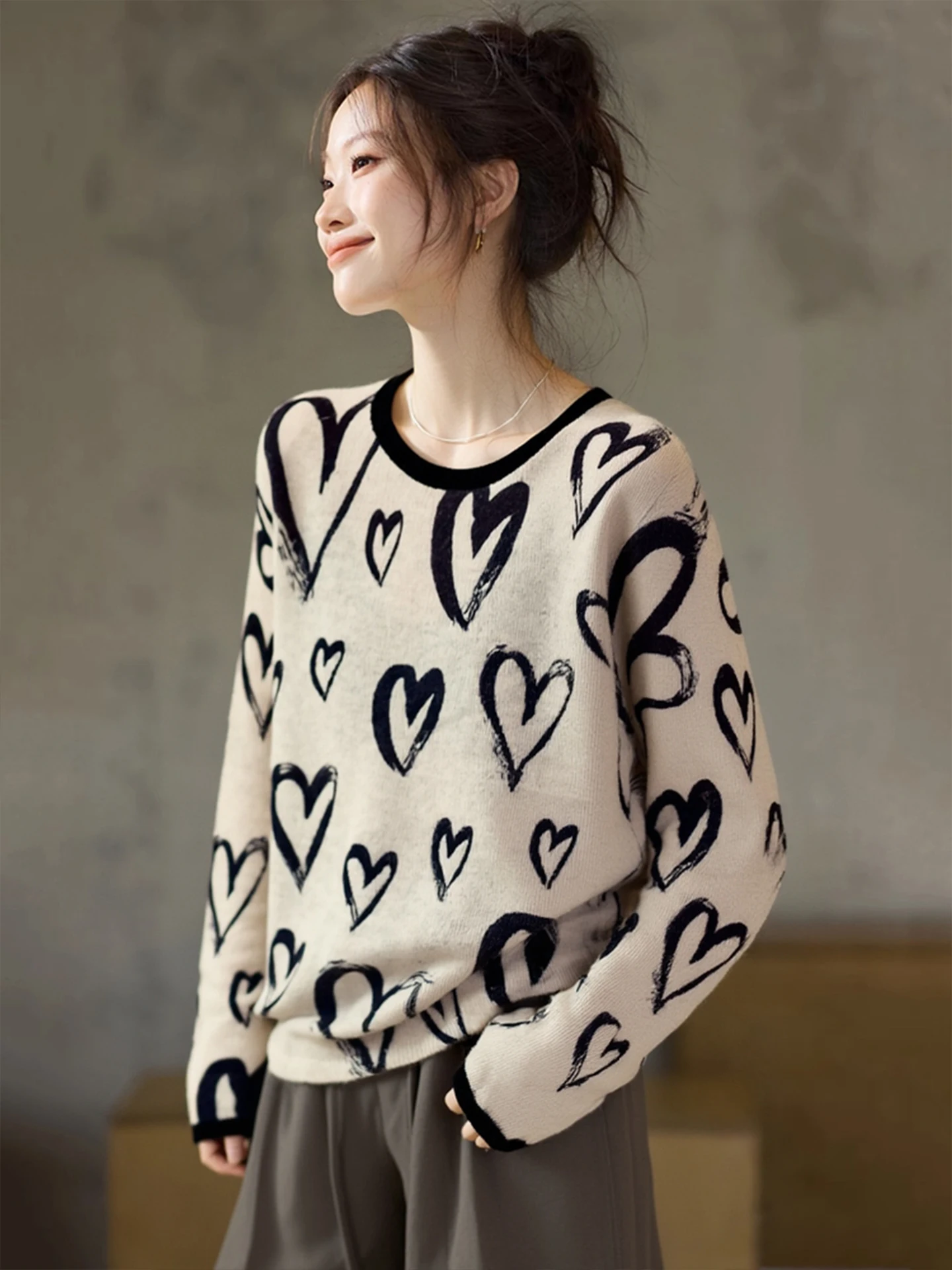 

Winter round Ne Loose Slimming Heart Knitwear Faionable Versatile Simple Soft Camere Long Sve Base irt
