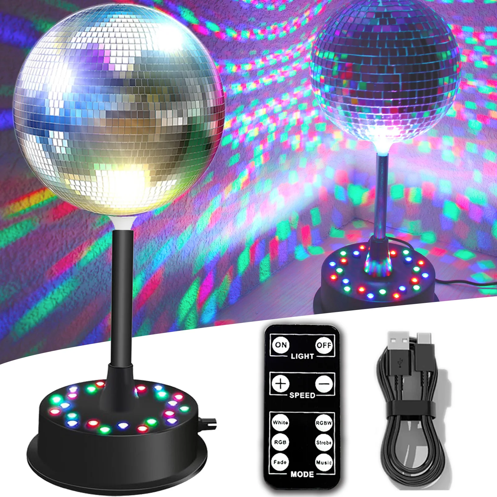 Remote RGBW Rotating Mirror Ball Light,5-10RPM Adjustable Speed Light Up Spinner 23 LED Disco Motor with 6