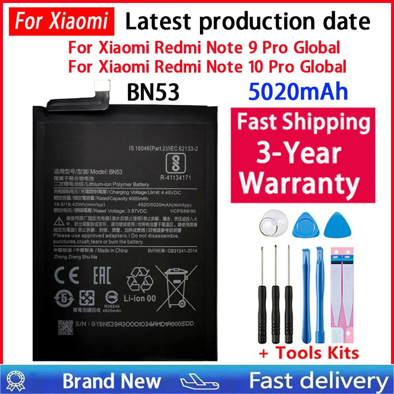 100 % 5020 mAh BN53 Akku für Xiaomi Redmi Note 10 Pro Global / Note 9 Pro Global Ersatzakkus Schneller Versand